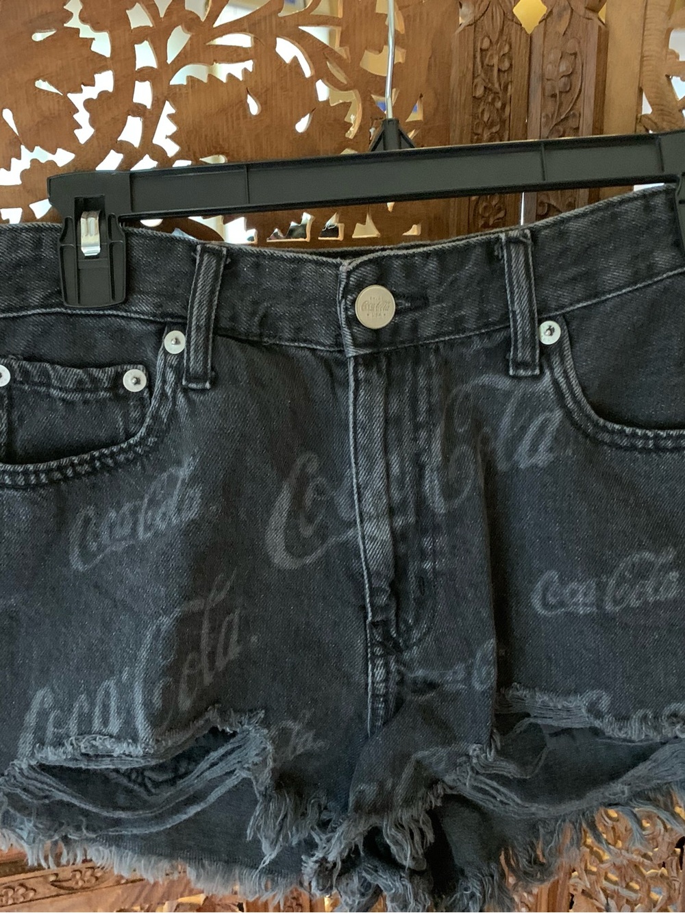 Coca-Cola Black Frayed Denim Shorts with Script Print
